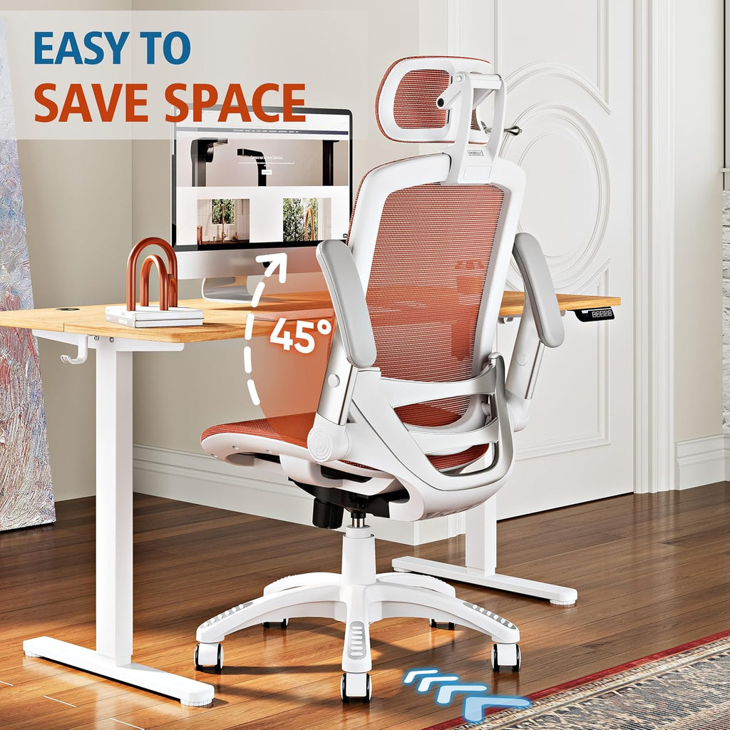 GABRYLLY Ergonomic Office Chair, High Back Home Desk Chair with Headrest, Flip-Up Arms, 90-120° Tilt Lock and Wide Cushion, Big and Tall Mesh Chairs for Man Woman, Grey Task Chair
