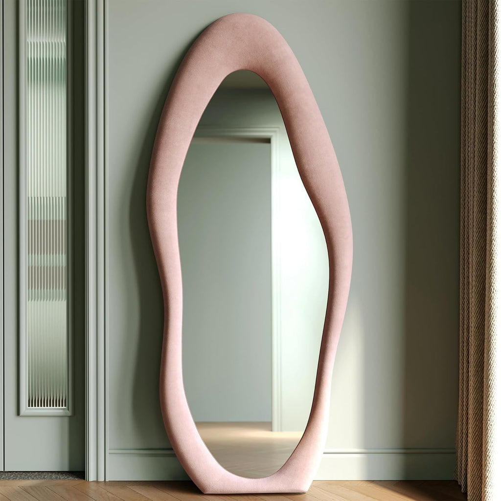 Honyee Full Length Mirror, 63" x 24" Wall Mirror, Flannel Wrapped Wooden Frame Full Body Mirror, Irregular Wavy Mirror Hanging or Leaning Against Wall for Cloakroom/Bedroom/Living Room, Ivory White