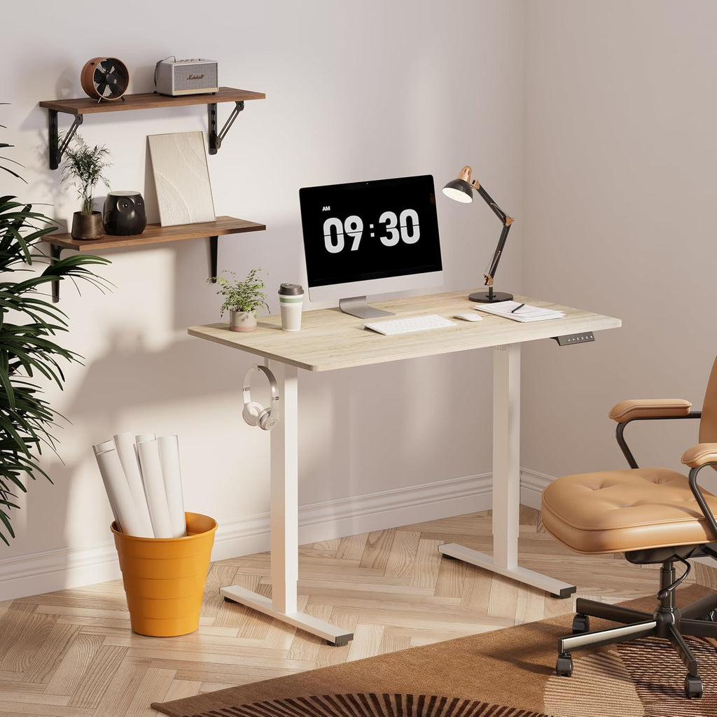 FLEXISPOT EN1 One-Piece Standing Desk 55 x 28 Inch Electric Adjustable Height Desk for Home Office and Computer Workstation (White Frame + 55" Maple Top, 2 Packages)