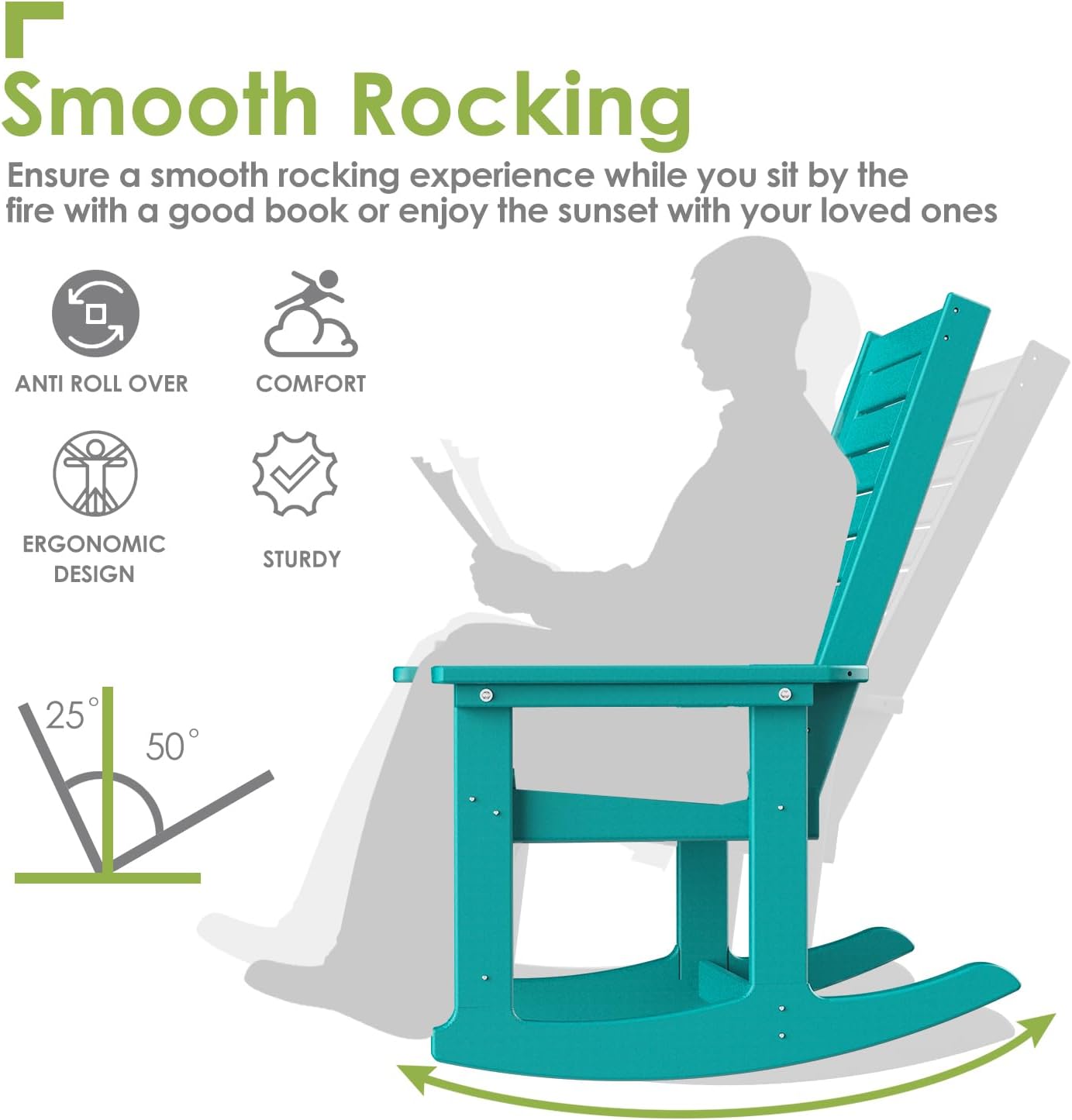 GREENVINES Outdoor Rocking Chairs | Set of 2 | Porch Rocker | HDPE Plastic | Black | Oversized Rockers | High Back | Big & Tall | Ladder Back | for Patio Outside Backyard Balcony Garden
