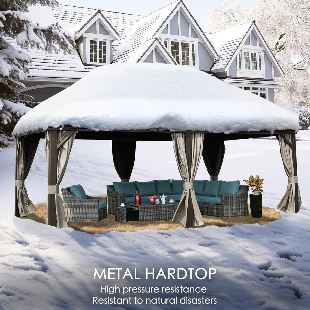 Kozyard Alexander 10' X 12' Hardtop, Aluminum Metal Gazebo with Galvanized Steel Double Roof Canopy, Curtain and Netting, Permanent Pavilion for Patio, Backyard, Deck, Lawn (Gray)