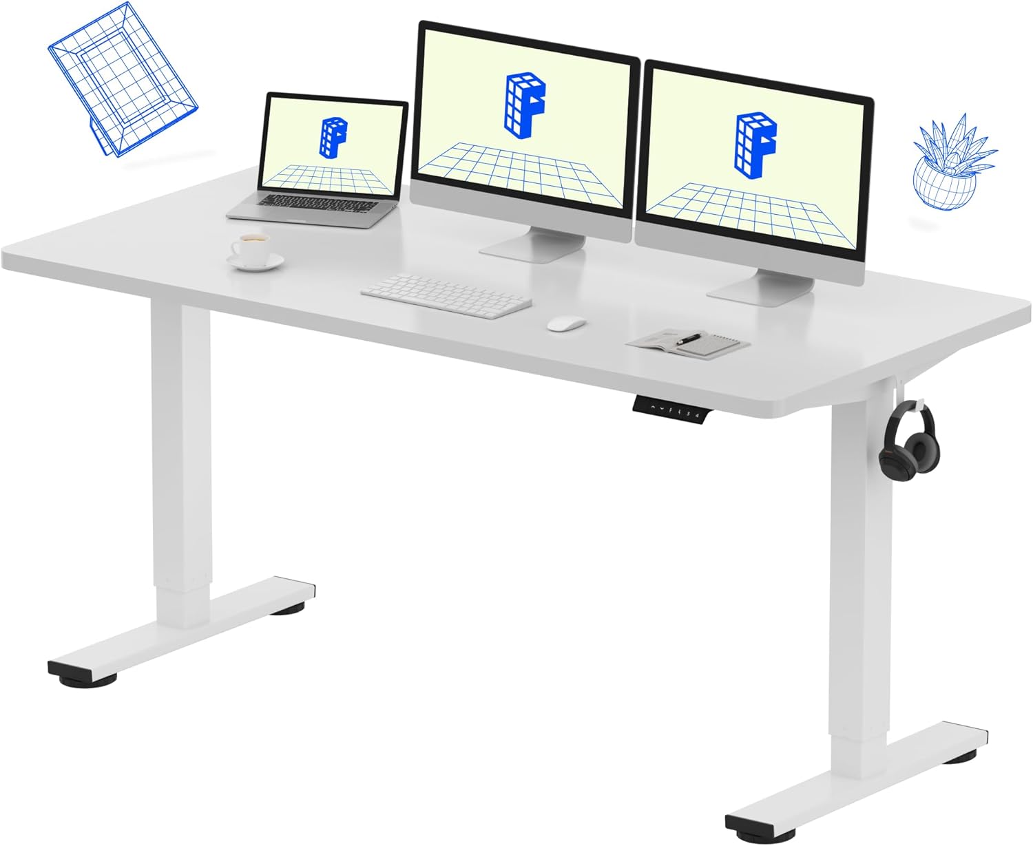 FLEXISPOT EN1 One-Piece Standing Desk 55 x 28 Inch Electric Adjustable Height Desk for Home Office and Computer Workstation (White Frame + 55" Maple Top, 2 Packages)