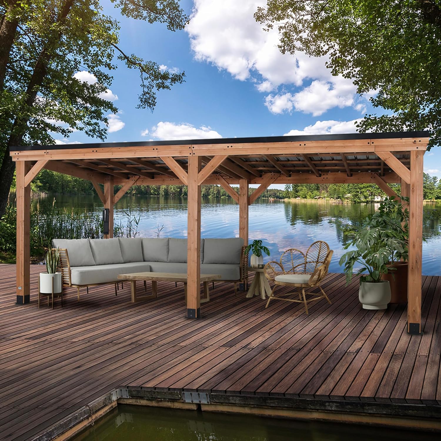 Backyard Discovery Saxony XL 12' x 6' Cedar Wood BBQ Grill Gazebo Pavilion with Hardtop Galvanized Steel Roof, Bar Tops, Powerport, Snow Support, Wind Resistance, Cook Station for Outdoor Patio, Deck