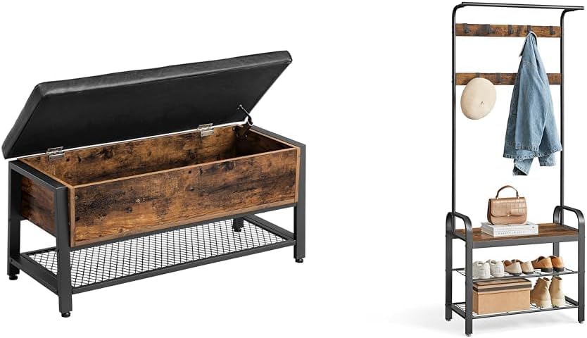 VASAGLE Shoe Bench, Storage Bench with Cupboard and 9 Open Compartments, Shoe Shelf, Padded Seat, Barn Door, 11.8 x 43.3 x 18.9 Inches, Rustic Brown ULHS058X01