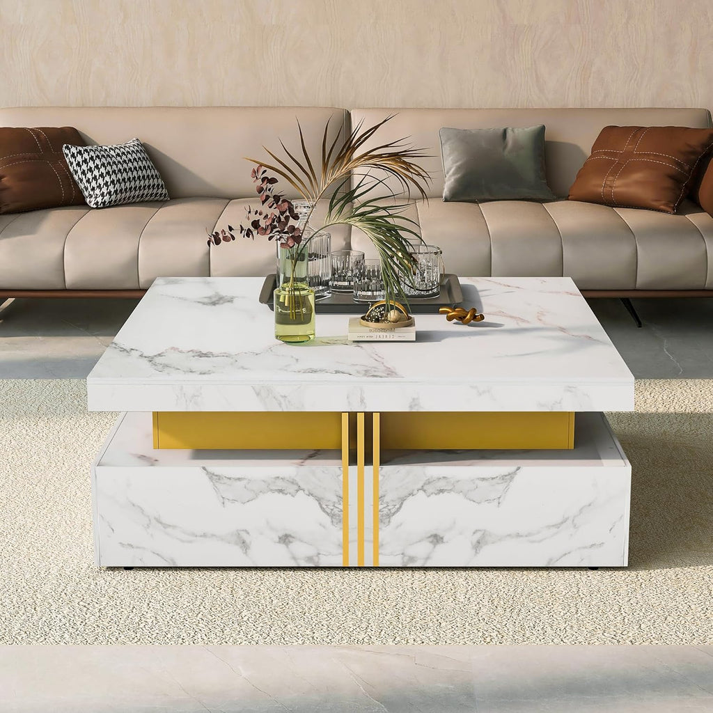 Modern White Square Storage Coffee Table with 4 Drawers