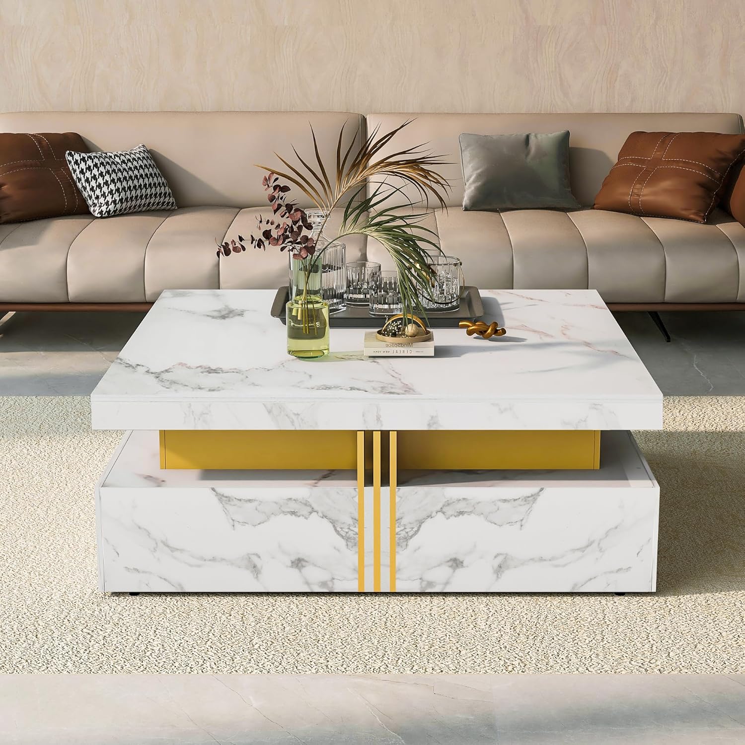 Modern White Square Storage Coffee Table with 4 Drawers