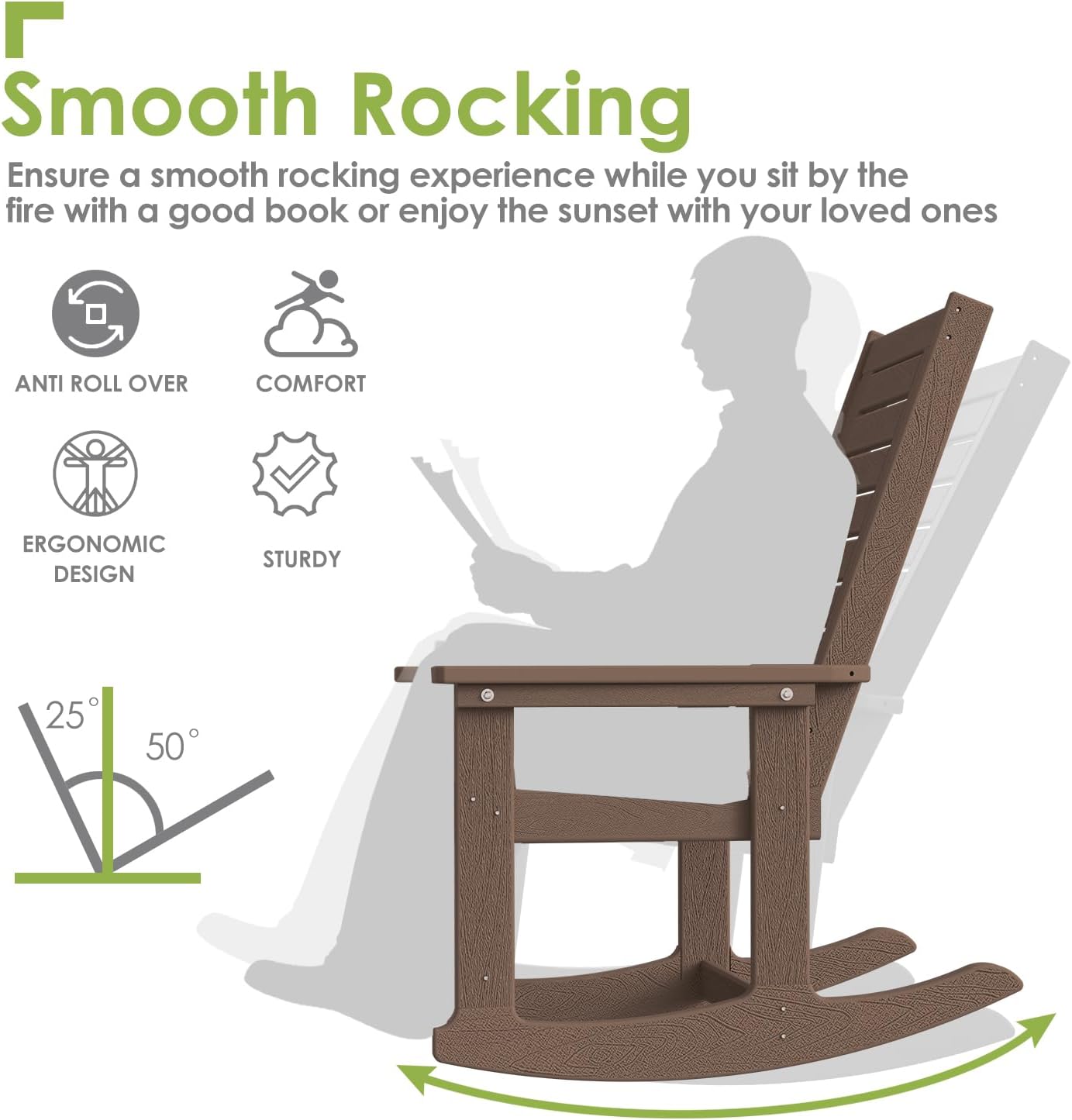 GREENVINES Outdoor Rocking Chairs | Set of 2 | Porch Rocker | HDPE Plastic | Black | Oversized Rockers | High Back | Big & Tall | Ladder Back | for Patio Outside Backyard Balcony Garden