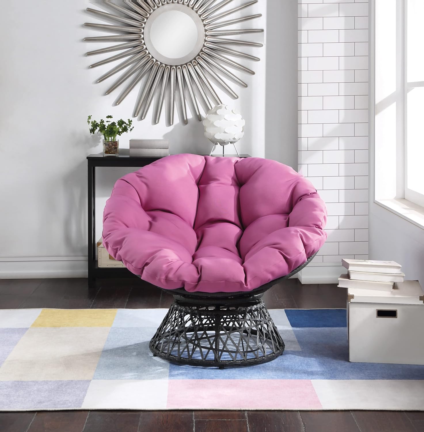 OSP Home Furnishings Wicker Papasan Chair with 360-Degree Swivel, Brown Frame with Brown Cushion