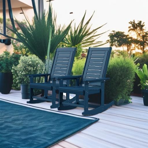 GREENVINES Outdoor Rocking Chairs | Set of 2 | Porch Rocker | HDPE Plastic | Black | Oversized Rockers | High Back | Big & Tall | Ladder Back | for Patio Outside Backyard Balcony Garden