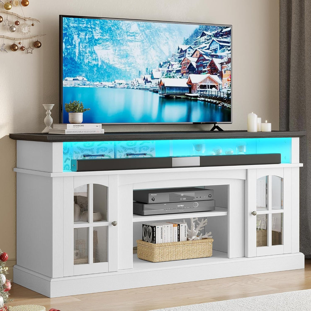 LED Farmhouse TV Stand for TV up to 75" w/Outlets, Highboy Media Entertainment Center Console Table Adjustable Storage Shelves &Cabinet Glass Door for 400lbs for Living Room