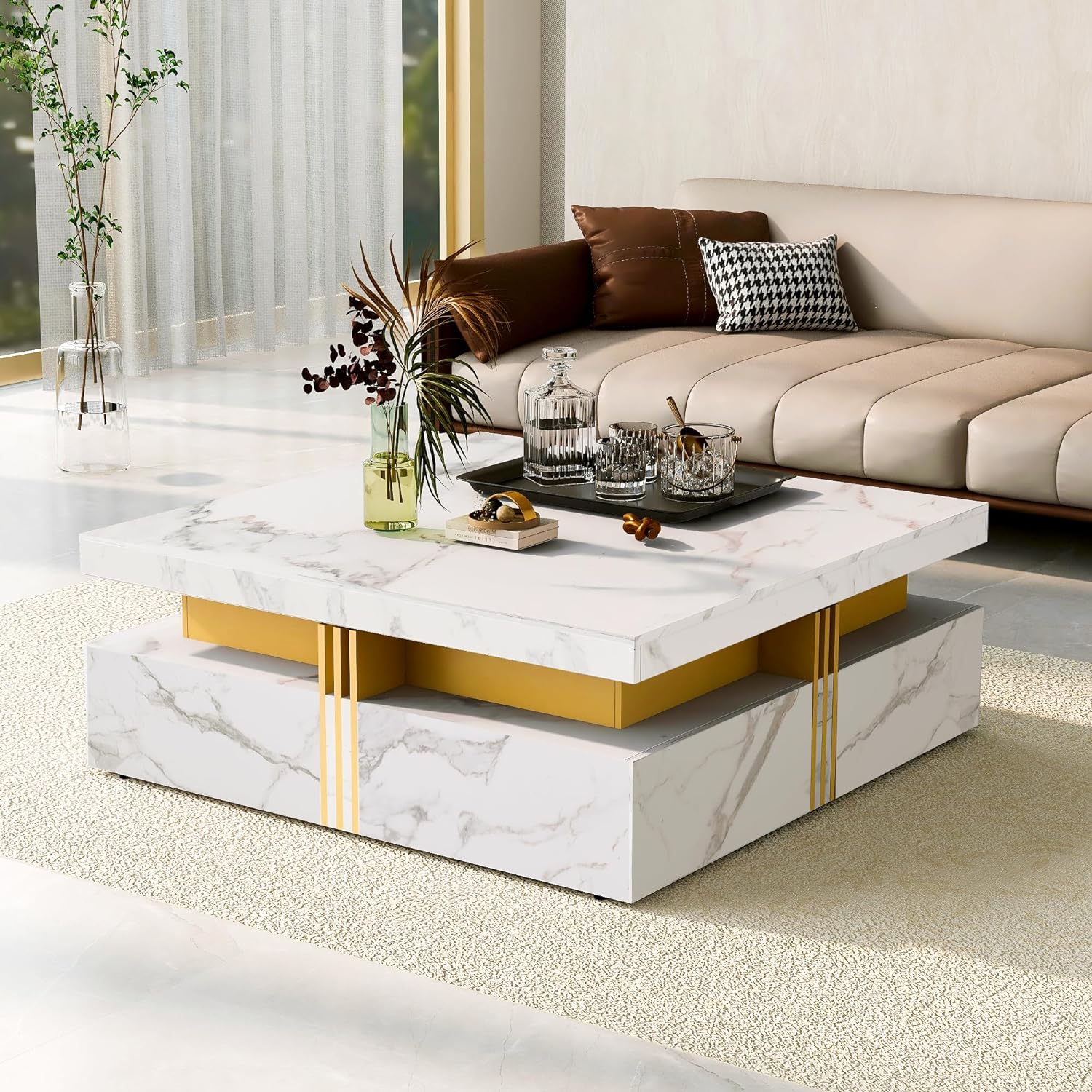 Modern White Square Storage Coffee Table with 4 Drawers