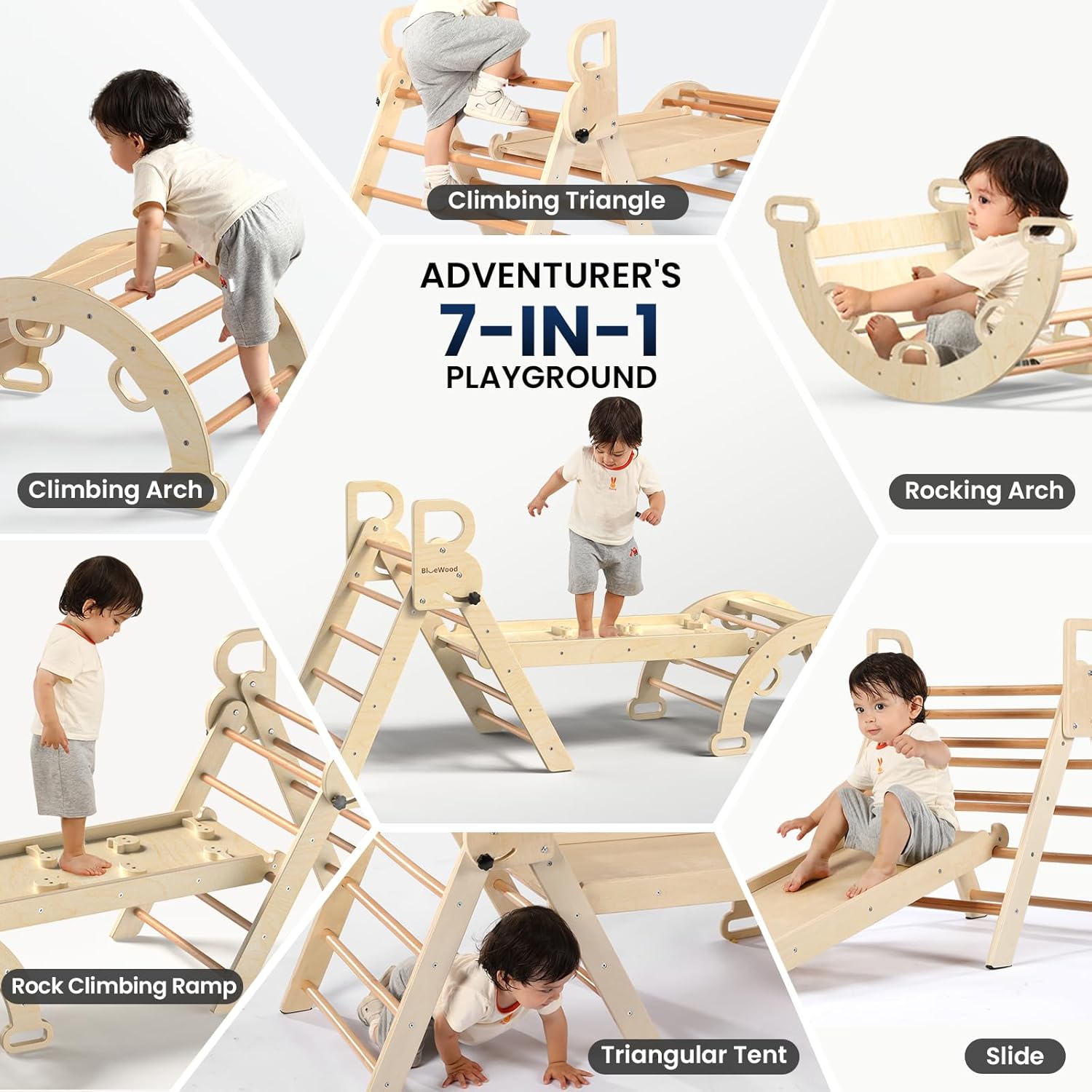 BlueWood Pikler Triangle Set 7in1 Foldable Baby Climbing Wooden Toys with Arch&Ramp&Ladder Climber Indoor Jungle Gyms for Toddlers - Natural Wood