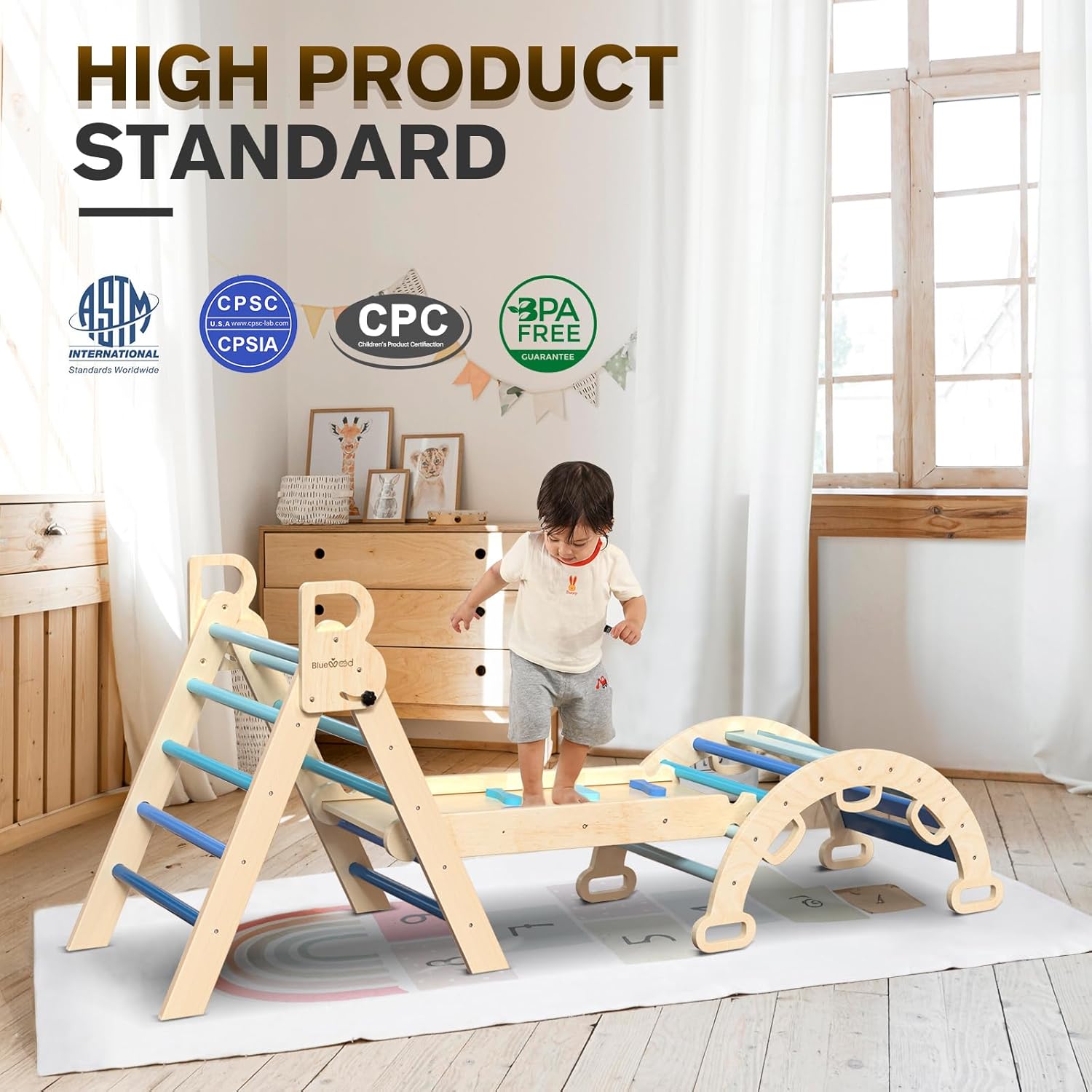 BlueWood Pikler Triangle Set 7in1 Foldable Baby Climbing Wooden Toys with Arch&Ramp&Ladder Climber Indoor Jungle Gyms for Toddlers - Natural Wood