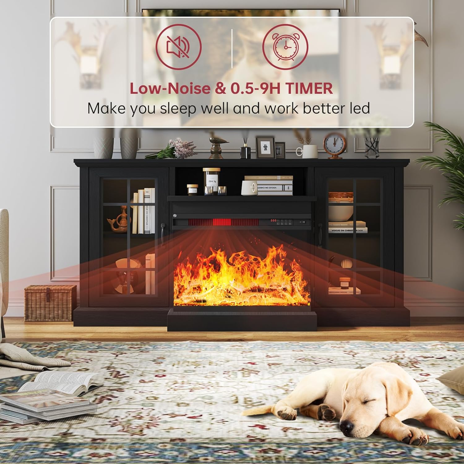 oneinmil 59'' Fireplace TV Stand, 3 Sided Glass Media Entertainment Center Console Table for TVs up to 65'' with Glass Door Adjustable Flame LED Color for Living Room, Set of TV Table, White