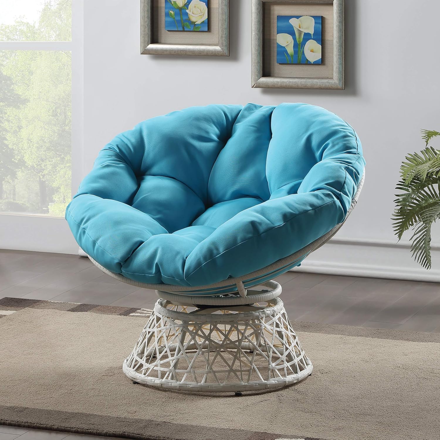OSP Home Furnishings Wicker Papasan Chair with 360-Degree Swivel, Brown Frame with Brown Cushion