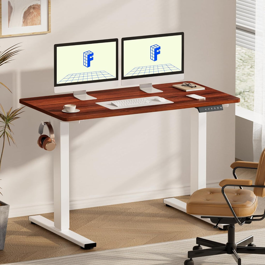 FLEXISPOT EN1 One-Piece Standing Desk 55 x 28 Inch Electric Adjustable Height Desk for Home Office and Computer Workstation (White Frame + 55" Maple Top, 2 Packages)