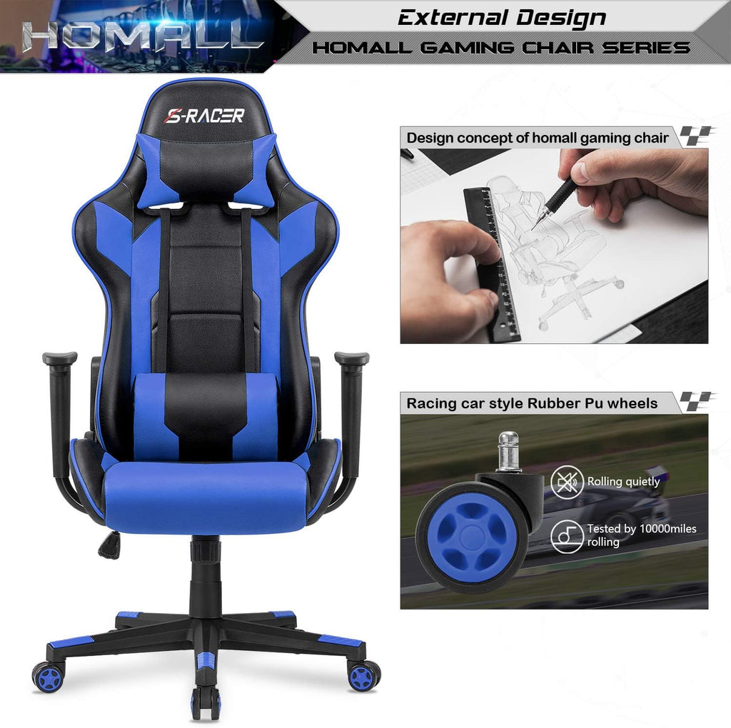Homall Gaming Chair, Office Chair High Back Computer Chair Leather Desk Chair Racing Executive Ergonomic Adjustable Swivel Task Chair with Headrest and Lumbar Support (Dark Black)