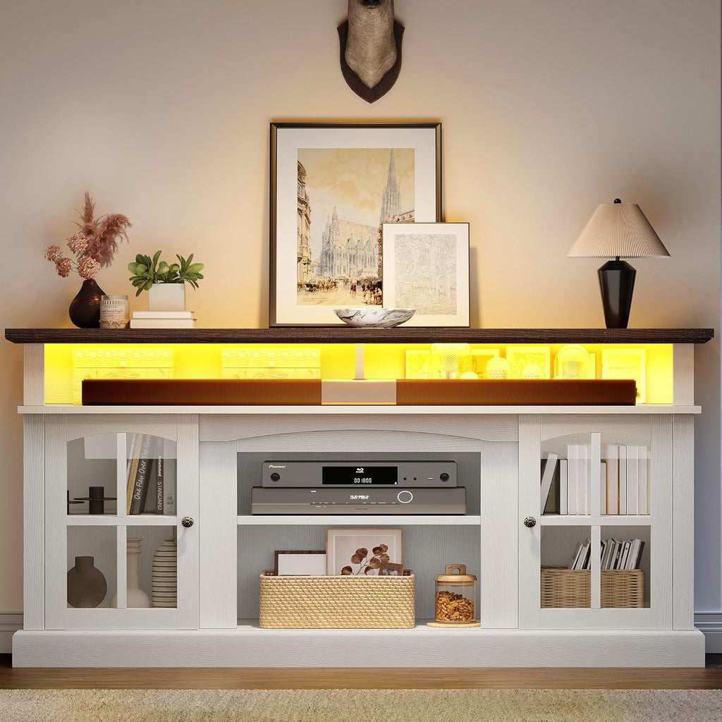 LED Farmhouse TV Stand for TV up to 75" w/Outlets, Highboy Media Entertainment Center Console Table Adjustable Storage Shelves &Cabinet Glass Door for 400lbs for Living Room