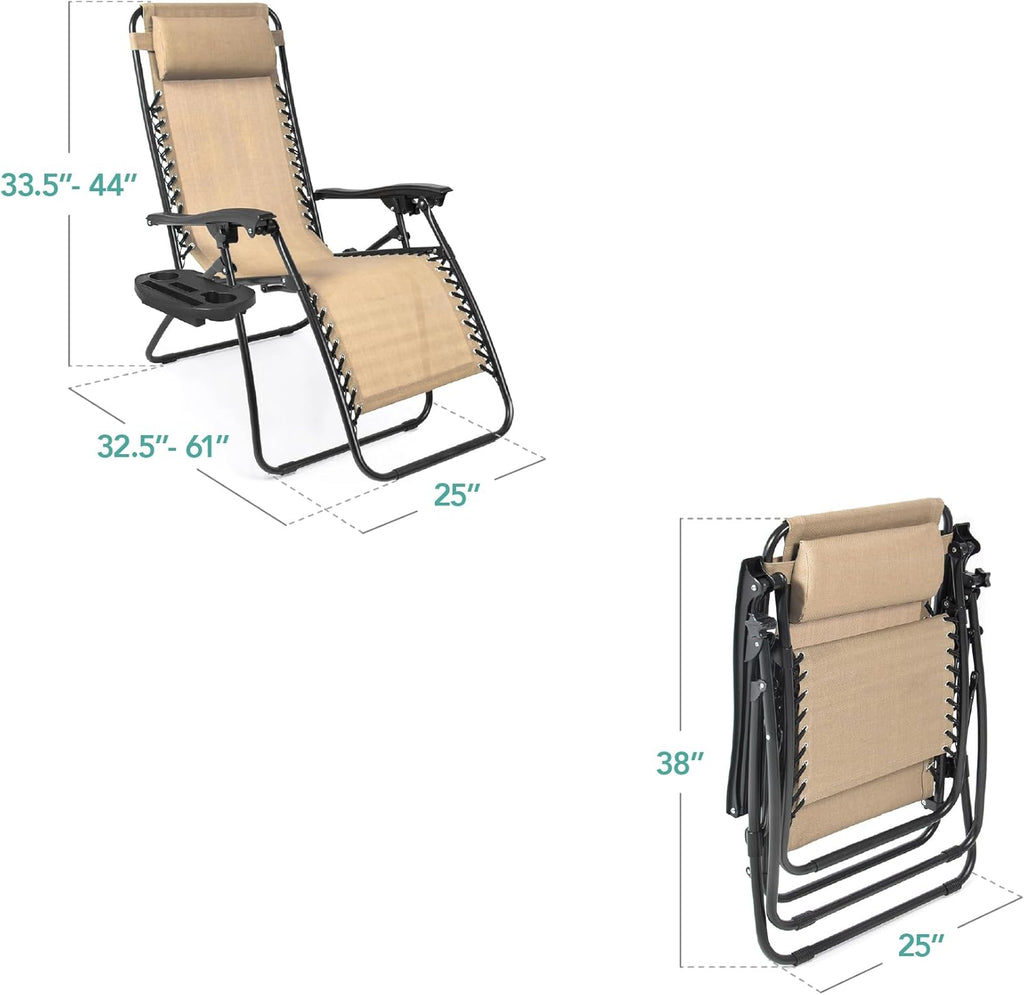 Best Choice Products Set of 2 Adjustable Steel Mesh Zero Gravity Lounge Chair Recliners w/Pillows and Cup Holder Trays - Beige
