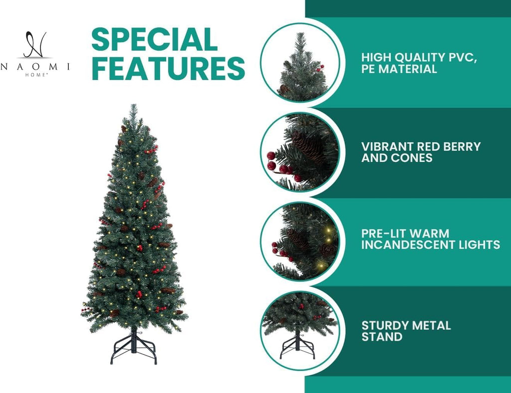 Naomi Home 6.5ft Rustic Christmas Tree with Lights, Realistic Classic Prelit with 2595 Branch Tips, 600 Warm Lights and Metal Stand, Aritificial Tree