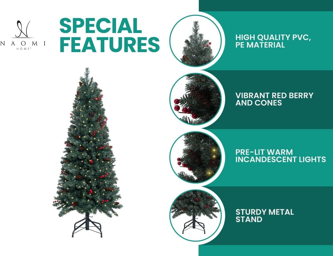 Naomi Home 6.5ft Rustic Christmas Tree with Lights, Realistic Classic Prelit with 2595 Branch Tips, 600 Warm Lights and Metal Stand, Aritificial Tree