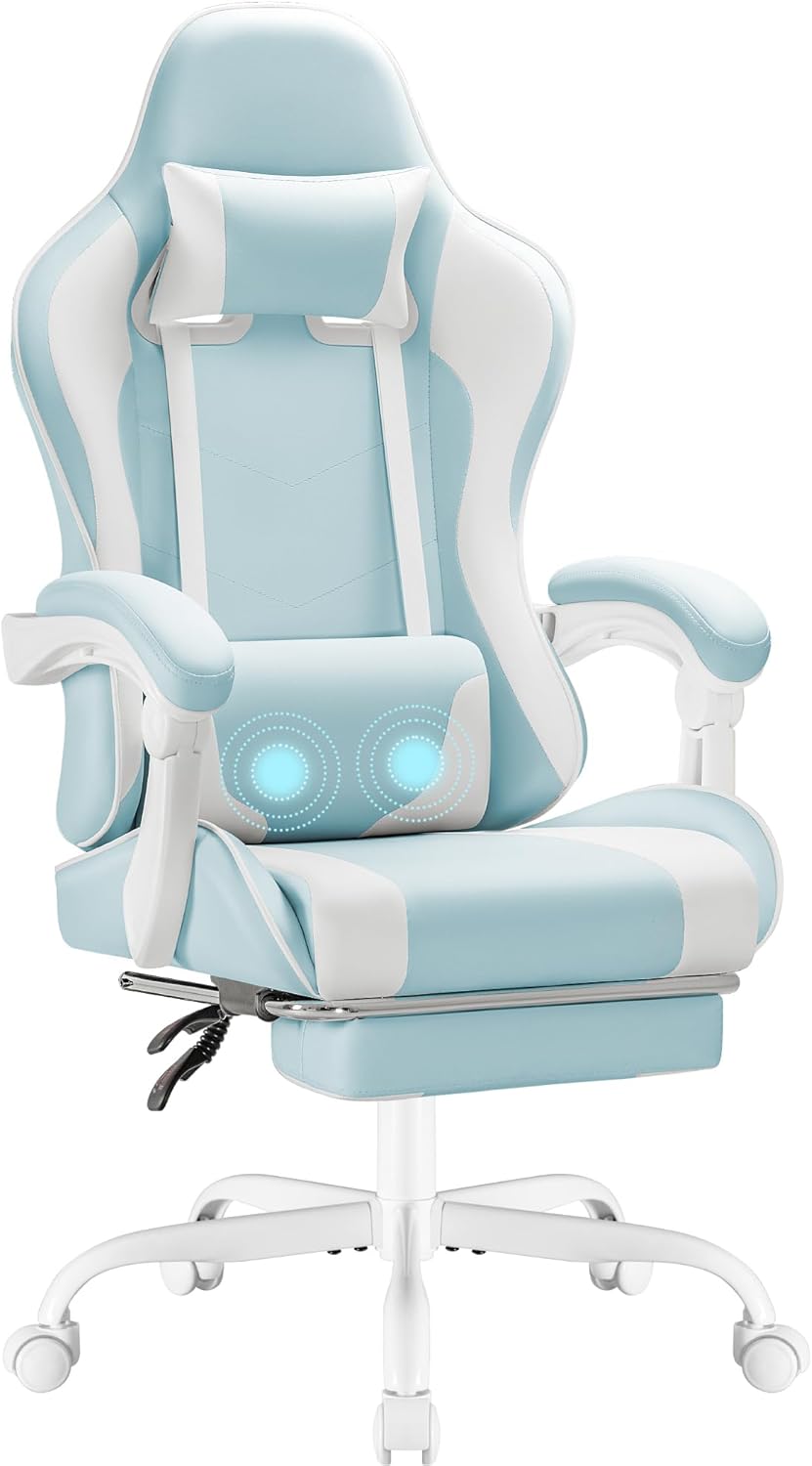 Homall Gaming Chair, Video Game Chair with Footrest and Massage Lumbar Support, Ergonomic Computer Chair Height Adjustable with Swivel Seat and Headrest (Grey)