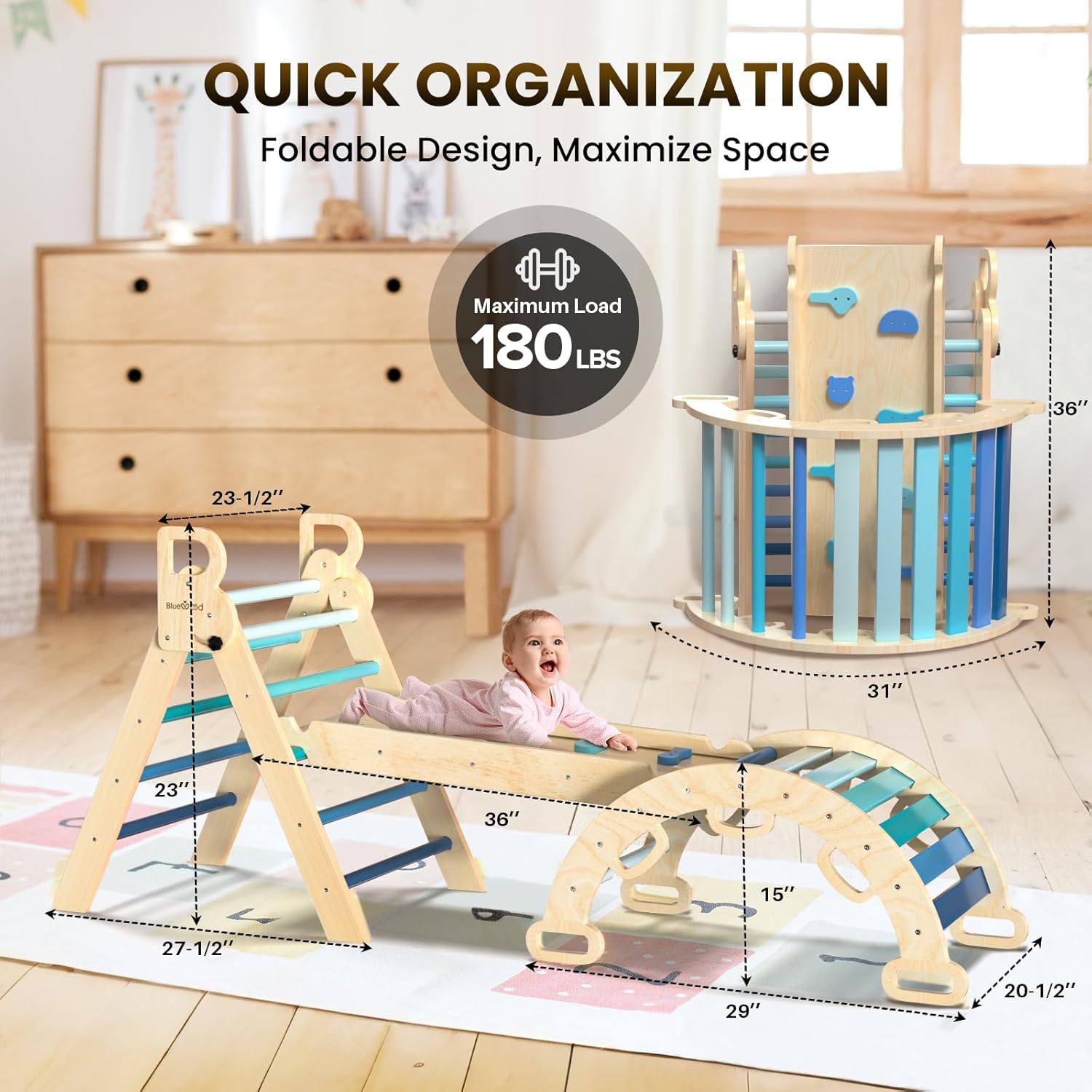 BlueWood Pikler Triangle Set 7in1 Foldable Baby Climbing Wooden Toys with Arch&Ramp&Ladder Climber Indoor Jungle Gyms for Toddlers - Natural Wood
