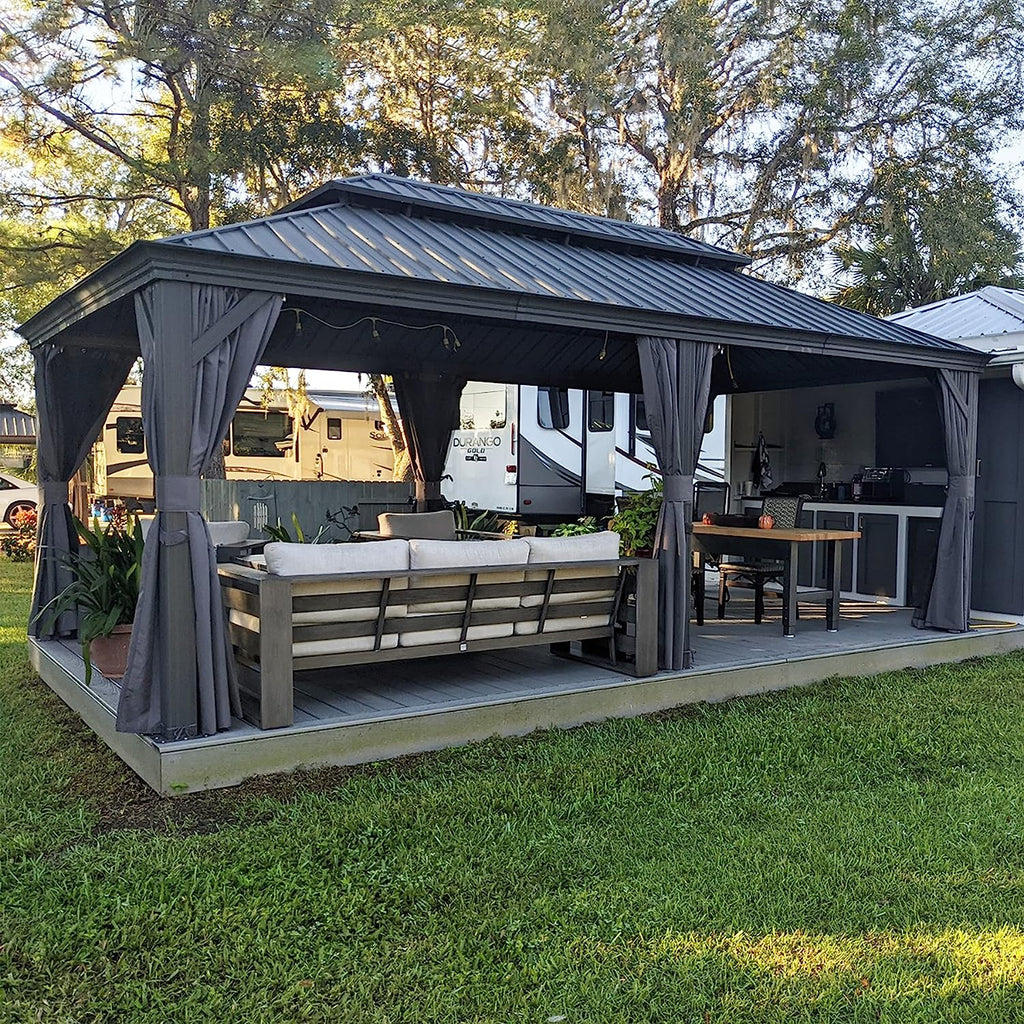 💥Limited Time Promotion💥12′ft X 20′ft Permanent Hardtop Gazebo Aluminum Gazebo with Galvanized Steel Double Roof for Patio Lawn and Garden, Curtains and Netting Included, Grey