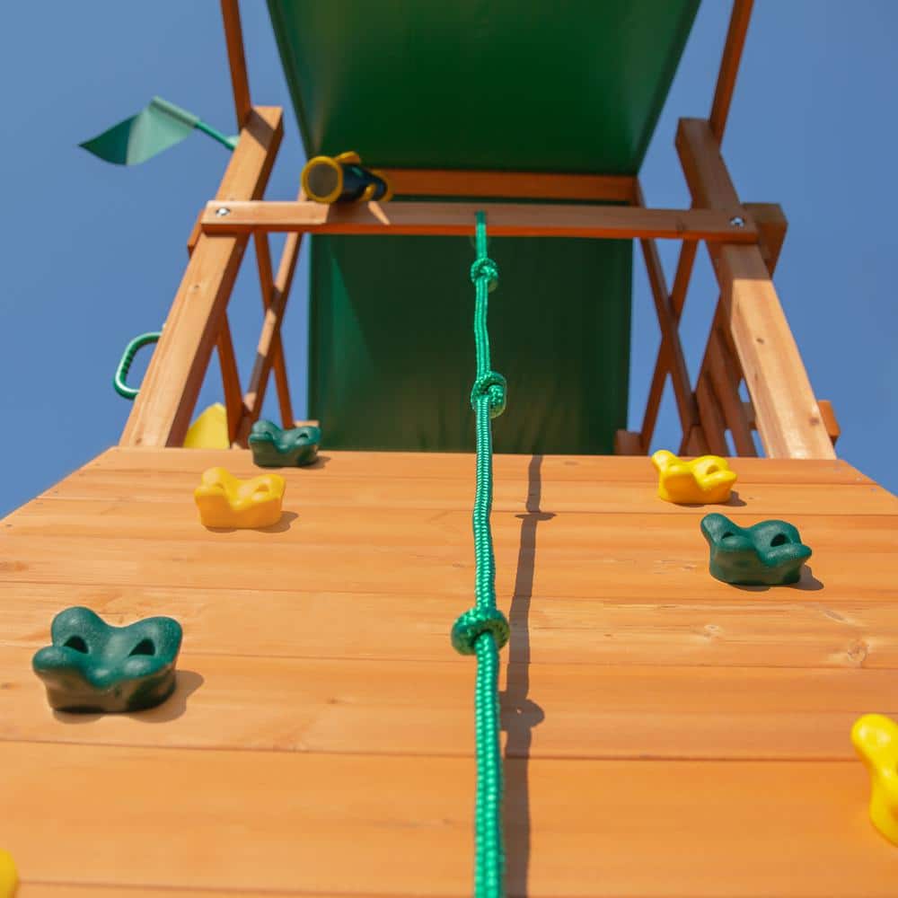 DYI Outing III Wooden Outdoor Playset with Tarp Roof, Rock Wall, Wave Slide, Swings, and Backyard Swing Set Accessories