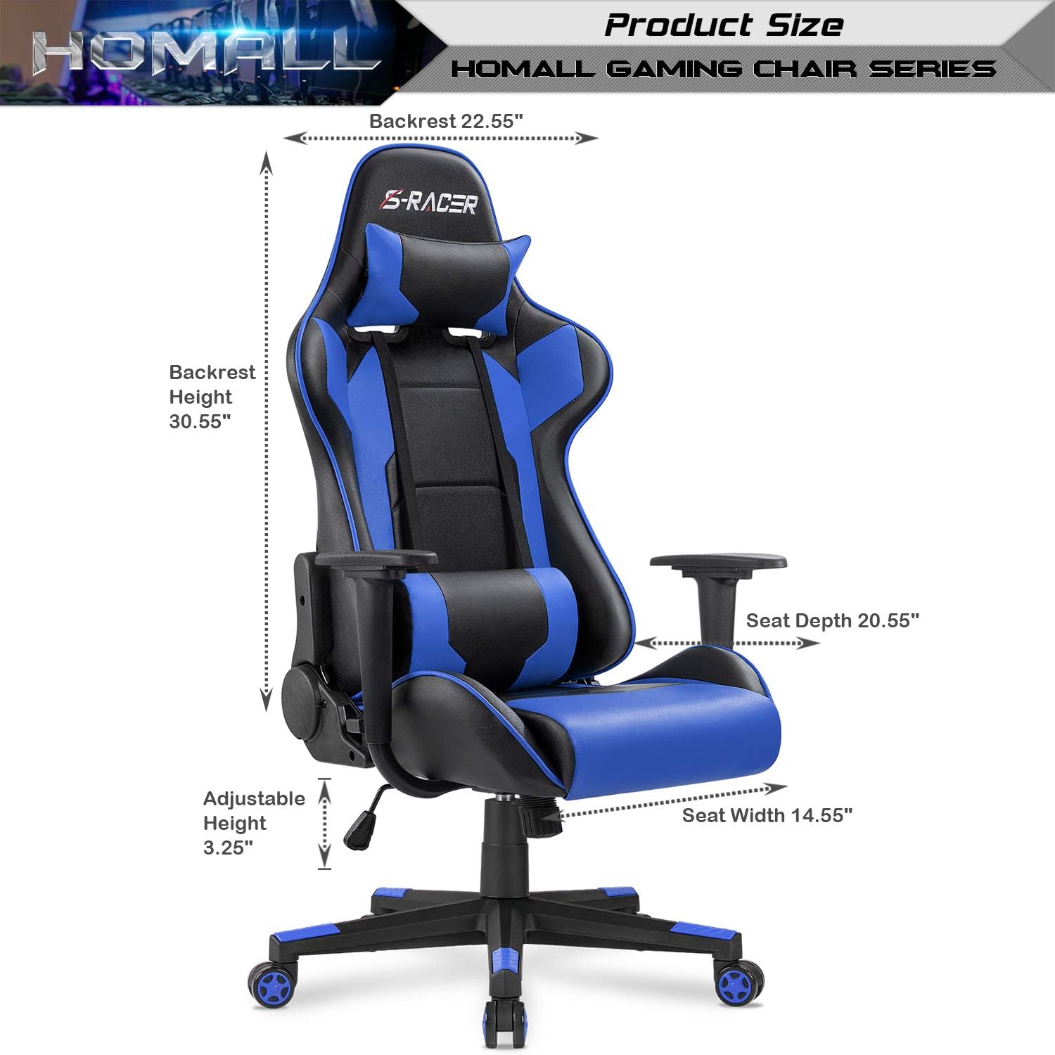 Homall Gaming Chair, Office Chair High Back Computer Chair Leather Desk Chair Racing Executive Ergonomic Adjustable Swivel Task Chair with Headrest and Lumbar Support (Dark Black)
