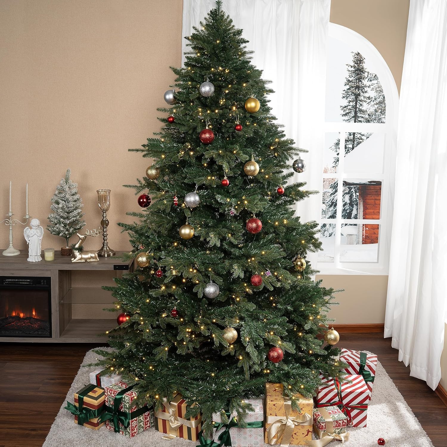 Naomi Home 6.5ft Rustic Christmas Tree with Lights, Realistic Classic Prelit with 2595 Branch Tips, 600 Warm Lights and Metal Stand, Aritificial Tree