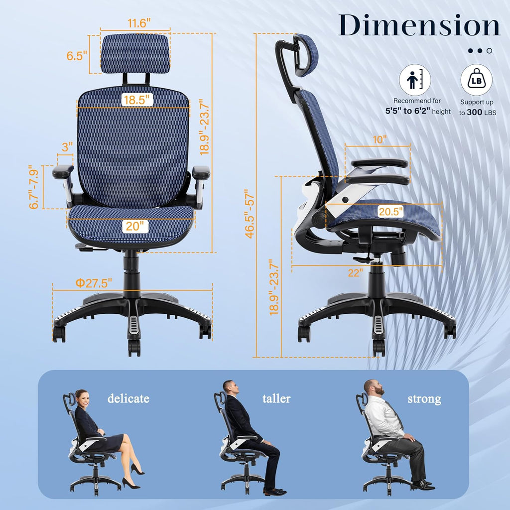 GABRYLLY Ergonomic Office Chair, High Back Home Desk Chair with Headrest, Flip-Up Arms, 90-120° Tilt Lock and Wide Cushion, Big and Tall Mesh Chairs for Man Woman, Grey Task Chair