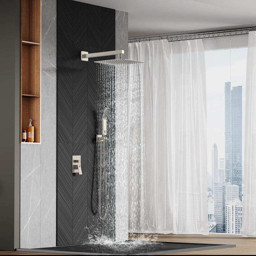 SR SUN RISE 12 Inches Matte Black Shower System 12 Inch Brass Bathroom Luxury Rain Mixer Shower Combo Set Wall Mounted Rainfall Shower Head System Shower Faucet Rough-in Valve Body and Trim Included