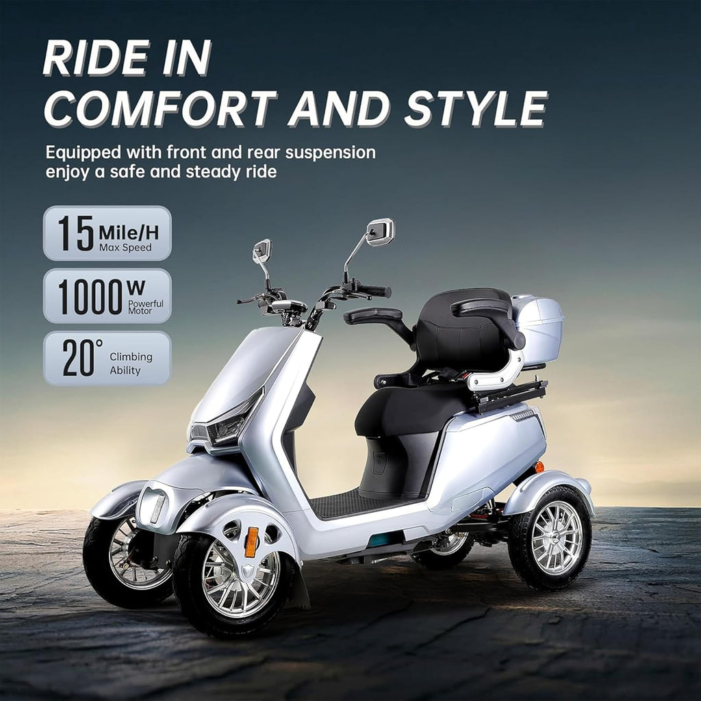 1000W 15 MPH Heavy Duty 4 Wheel Mobility Scooter 500lbs Loadweight, 3 Speed Control Mobility Scooters with 31 Mile Long Range Battery for Seniors & Adults Travel, 20° Max Climbing, Remote Key, Silver