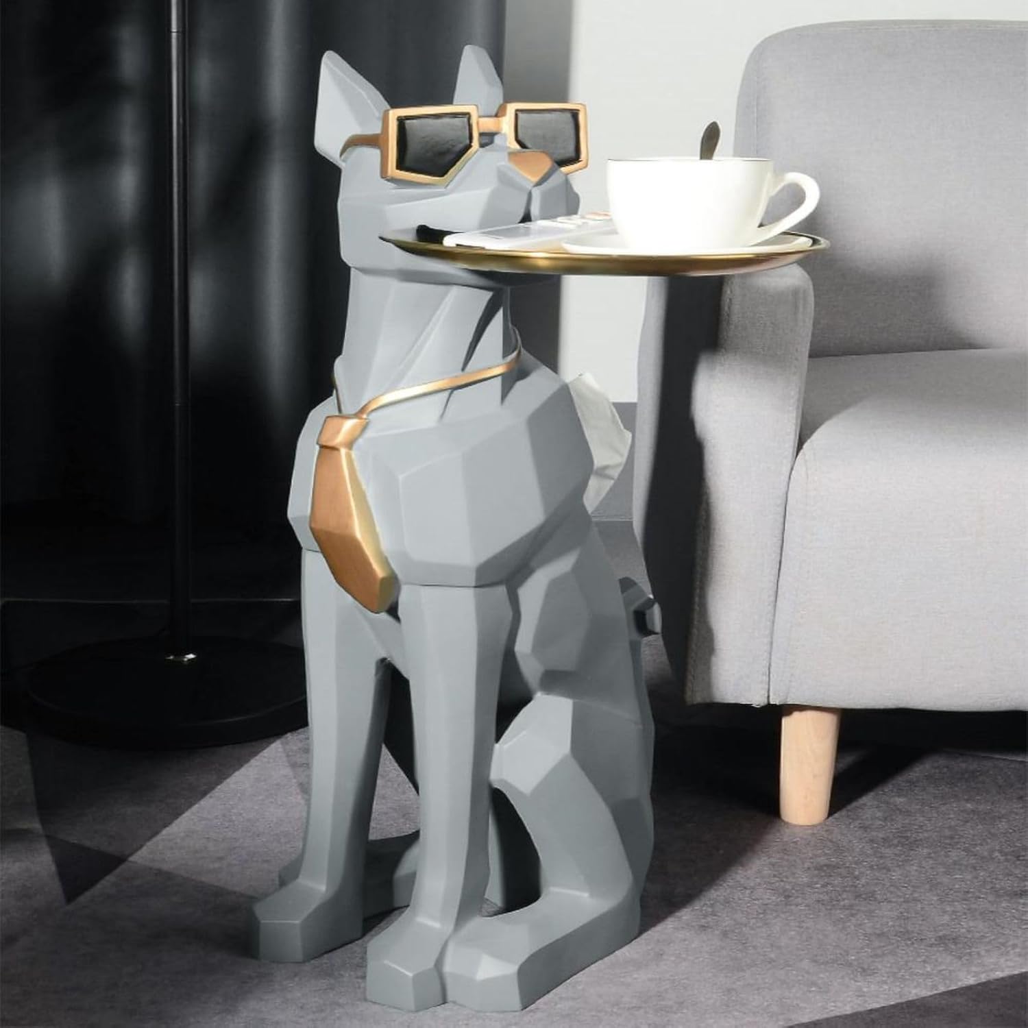 homary Modern Resin Dog Sculpture Geometric Standing Statue Cute End Side Table with Metal Storage Tray Tissue Box (White)