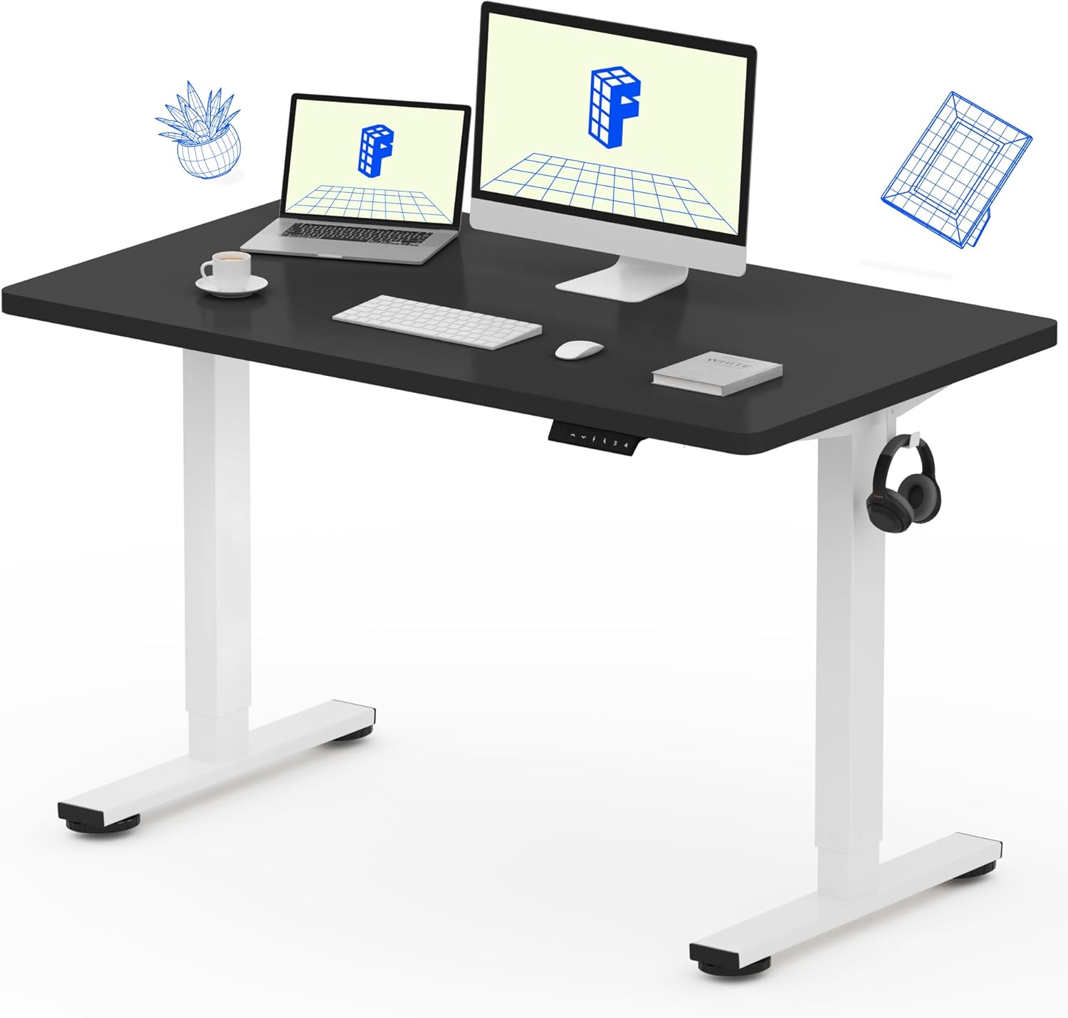 FLEXISPOT EN1 One-Piece Standing Desk 55 x 28 Inch Electric Adjustable Height Desk for Home Office and Computer Workstation (White Frame + 55" Maple Top, 2 Packages)