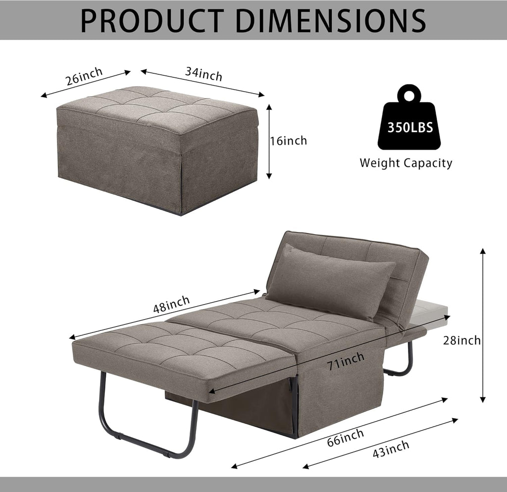 Sofa Bed, 4 in 1 Multi-Function Folding Ottoman Breathable Linen Couch Bed with Adjustable Backrest Modern Convertible Chair for Living Room Apartment Office