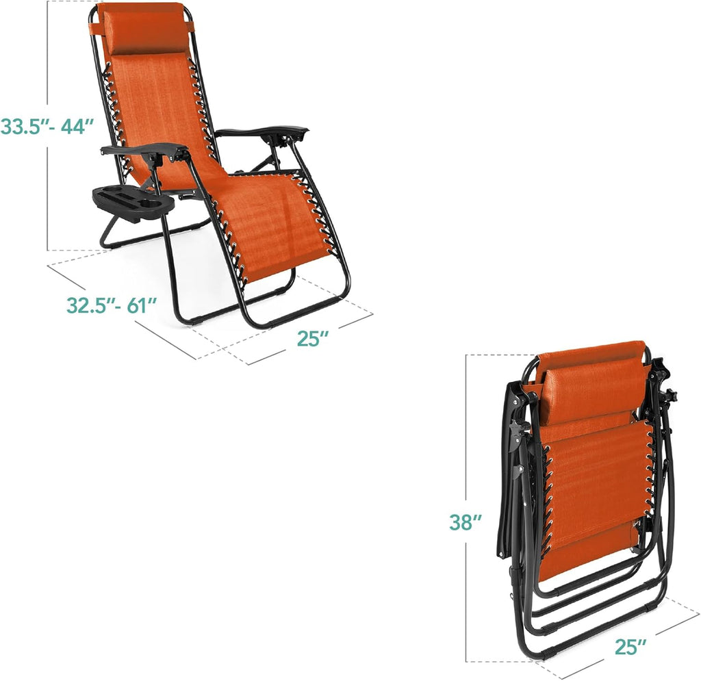 Best Choice Products Set of 2 Adjustable Steel Mesh Zero Gravity Lounge Chair Recliners w/Pillows and Cup Holder Trays - Beige