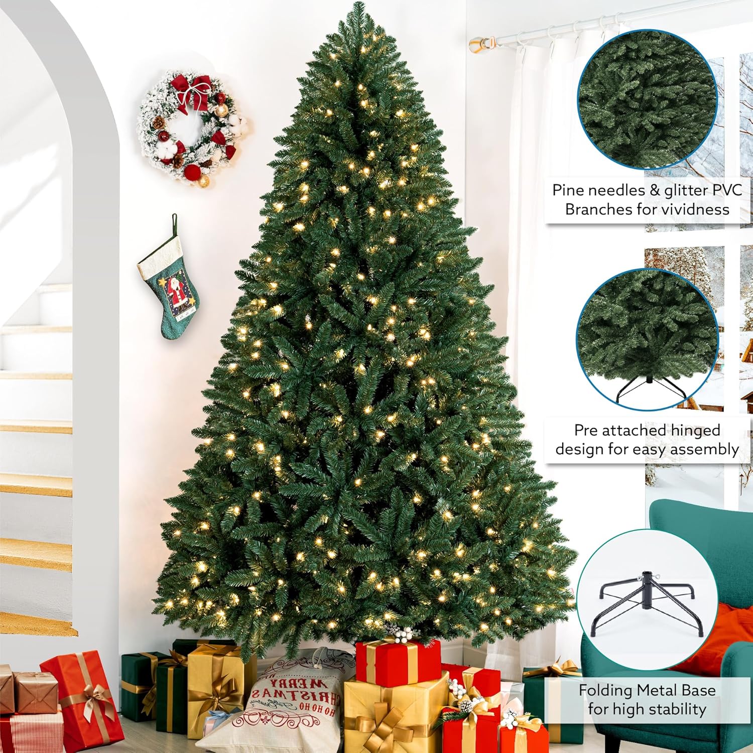 Naomi Home 6.5ft Rustic Christmas Tree with Lights, Realistic Classic Prelit with 2595 Branch Tips, 600 Warm Lights and Metal Stand, Aritificial Tree