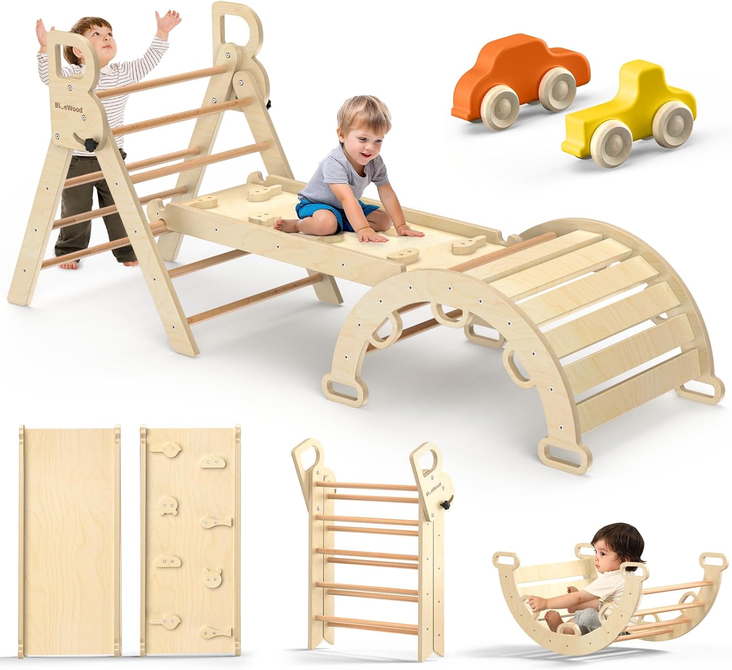 BlueWood Pikler Triangle Set 7in1 Foldable Baby Climbing Wooden Toys with Arch&Ramp&Ladder Climber Indoor Jungle Gyms for Toddlers - Natural Wood