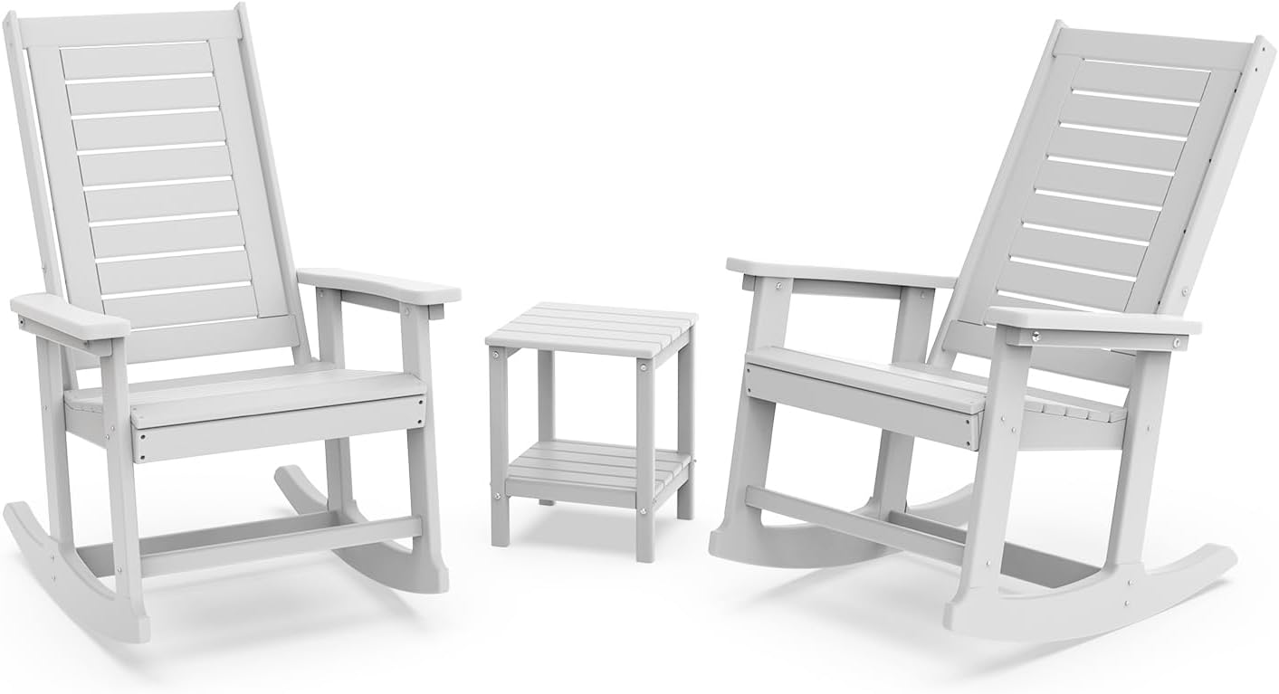 GREENVINES Outdoor Rocking Chairs | Set of 2 | Porch Rocker | HDPE Plastic | Black | Oversized Rockers | High Back | Big & Tall | Ladder Back | for Patio Outside Backyard Balcony Garden