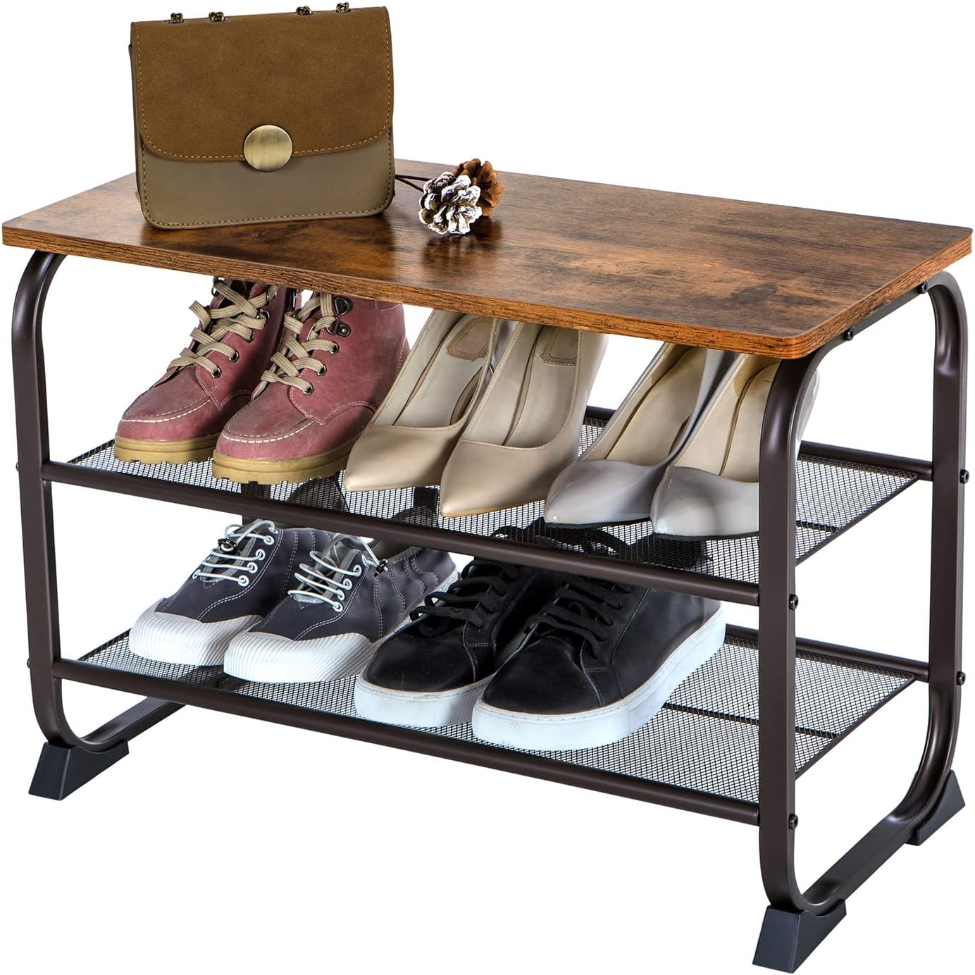 VASAGLE Shoe Bench, Storage Bench with Cupboard and 9 Open Compartments, Shoe Shelf, Padded Seat, Barn Door, 11.8 x 43.3 x 18.9 Inches, Rustic Brown ULHS058X01
