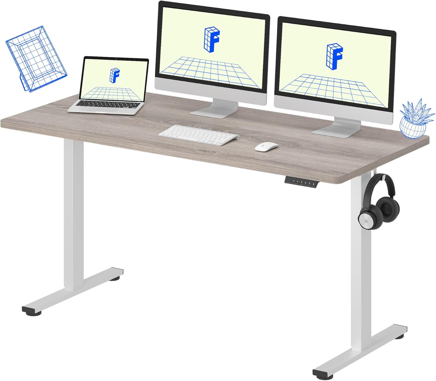 FLEXISPOT EN1 One-Piece Standing Desk 55 x 28 Inch Electric Adjustable Height Desk for Home Office and Computer Workstation (White Frame + 55" Maple Top, 2 Packages)