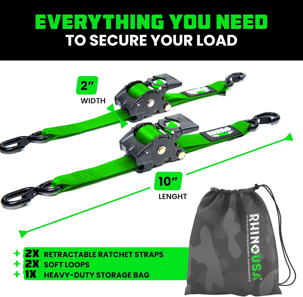 Rhino USA Retractable Ratchet Straps (2-Pack) - 2 Inch x 10 Feet (3,033lb Break Strength) - Heavy Duty Auto Self Retracting Tie Down Straps for Truck, Cargo Trailer, Motorcycle, Rad & More - Orange