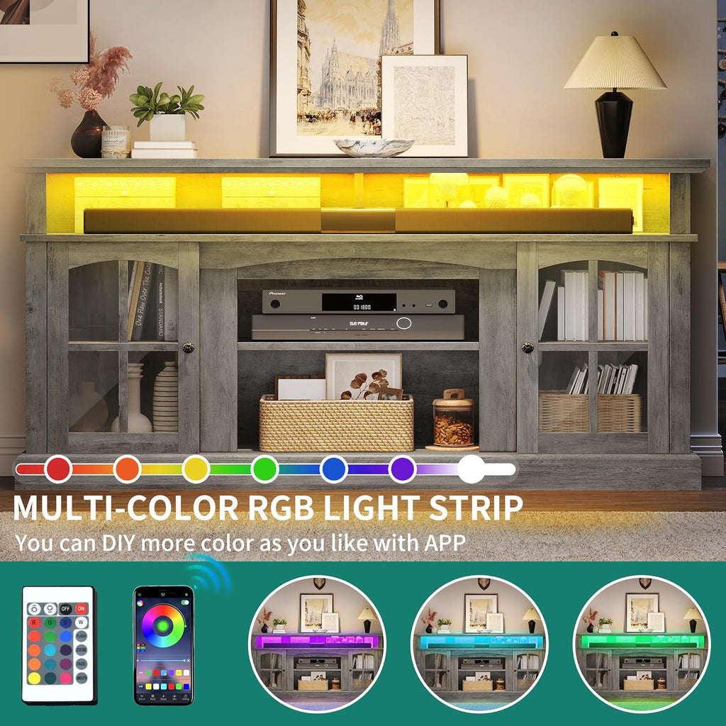 LED Farmhouse TV Stand for TV up to 75" w/Outlets, Highboy Media Entertainment Center Console Table Adjustable Storage Shelves &Cabinet Glass Door for 400lbs for Living Room