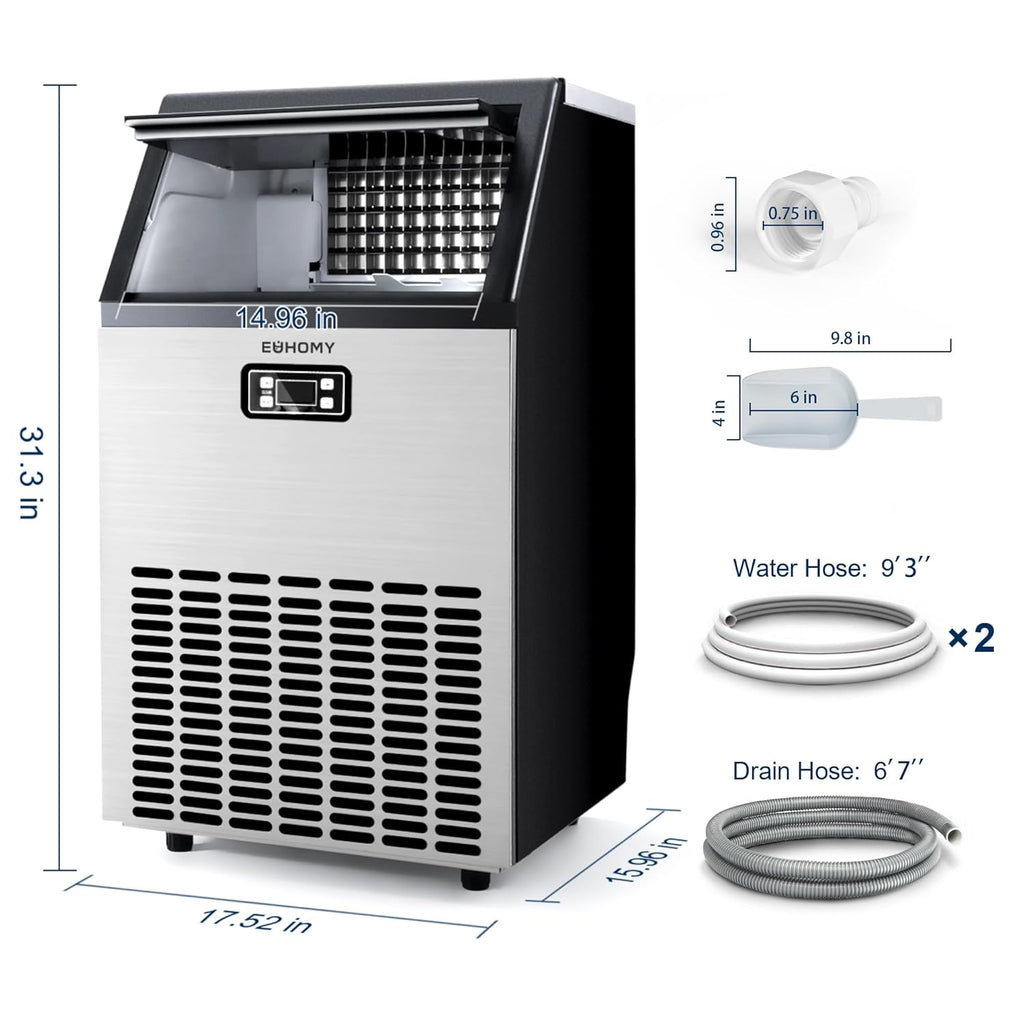 EUHOMY Commercial Ice Maker Machine, 200lbs Daily Output, Under Counter ice Machine with 65lbs Ice Storage Capacity, Perfect for Home/Bar/Restaurant/Outdoor Activities(Stainless Steel)