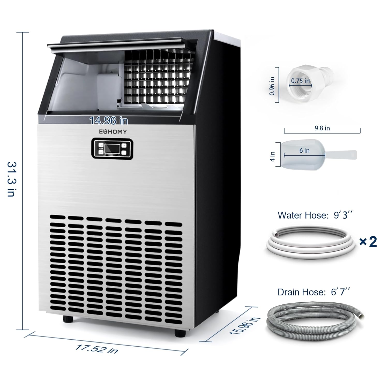 EUHOMY Commercial Ice Maker Machine, 200lbs Daily Output, Under Counter ice Machine with 65lbs Ice Storage Capacity, Perfect for Home/Bar/Restaurant/Outdoor Activities(Stainless Steel)