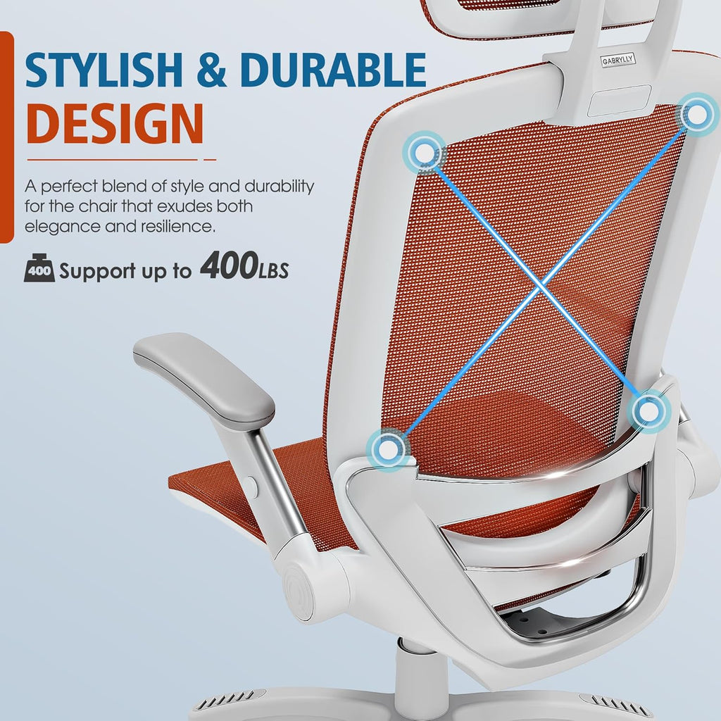 GABRYLLY Ergonomic Office Chair, High Back Home Desk Chair with Headrest, Flip-Up Arms, 90-120° Tilt Lock and Wide Cushion, Big and Tall Mesh Chairs for Man Woman, Grey Task Chair