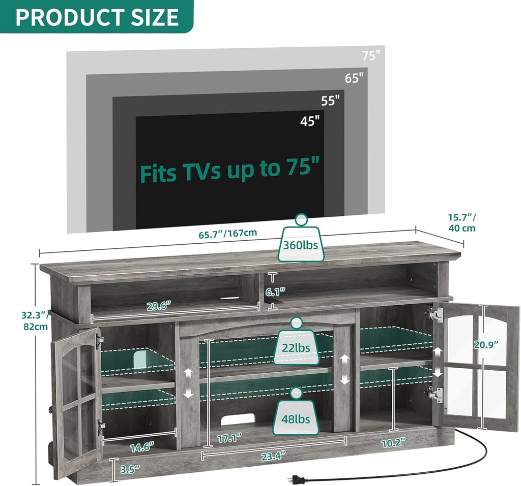 LED Farmhouse TV Stand for TV up to 75" w/Outlets, Highboy Media Entertainment Center Console Table Adjustable Storage Shelves &Cabinet Glass Door for 400lbs for Living Room