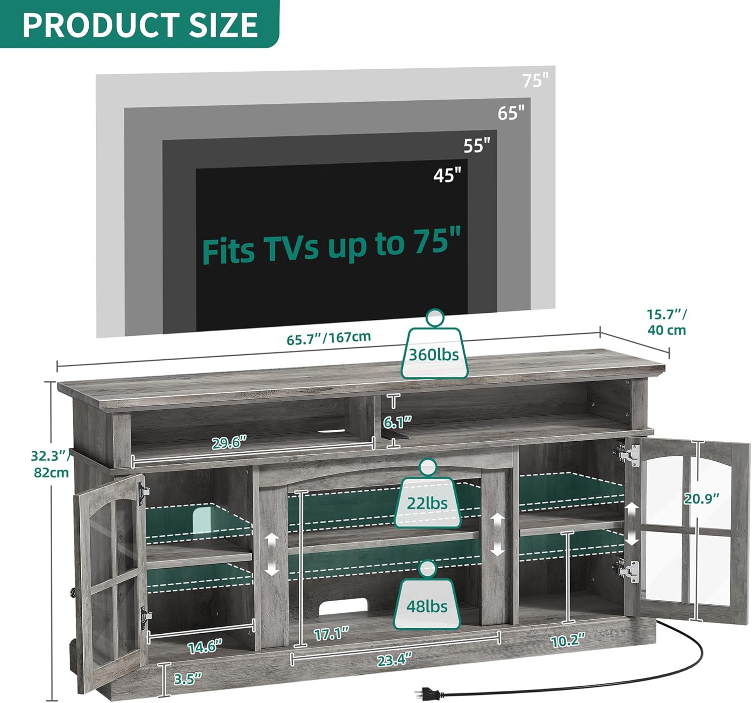 LED Farmhouse TV Stand for TV up to 75" w/Outlets, Highboy Media Entertainment Center Console Table Adjustable Storage Shelves &Cabinet Glass Door for 400lbs for Living Room